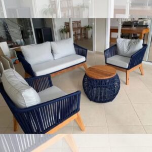 conjunto sofá base em madeira